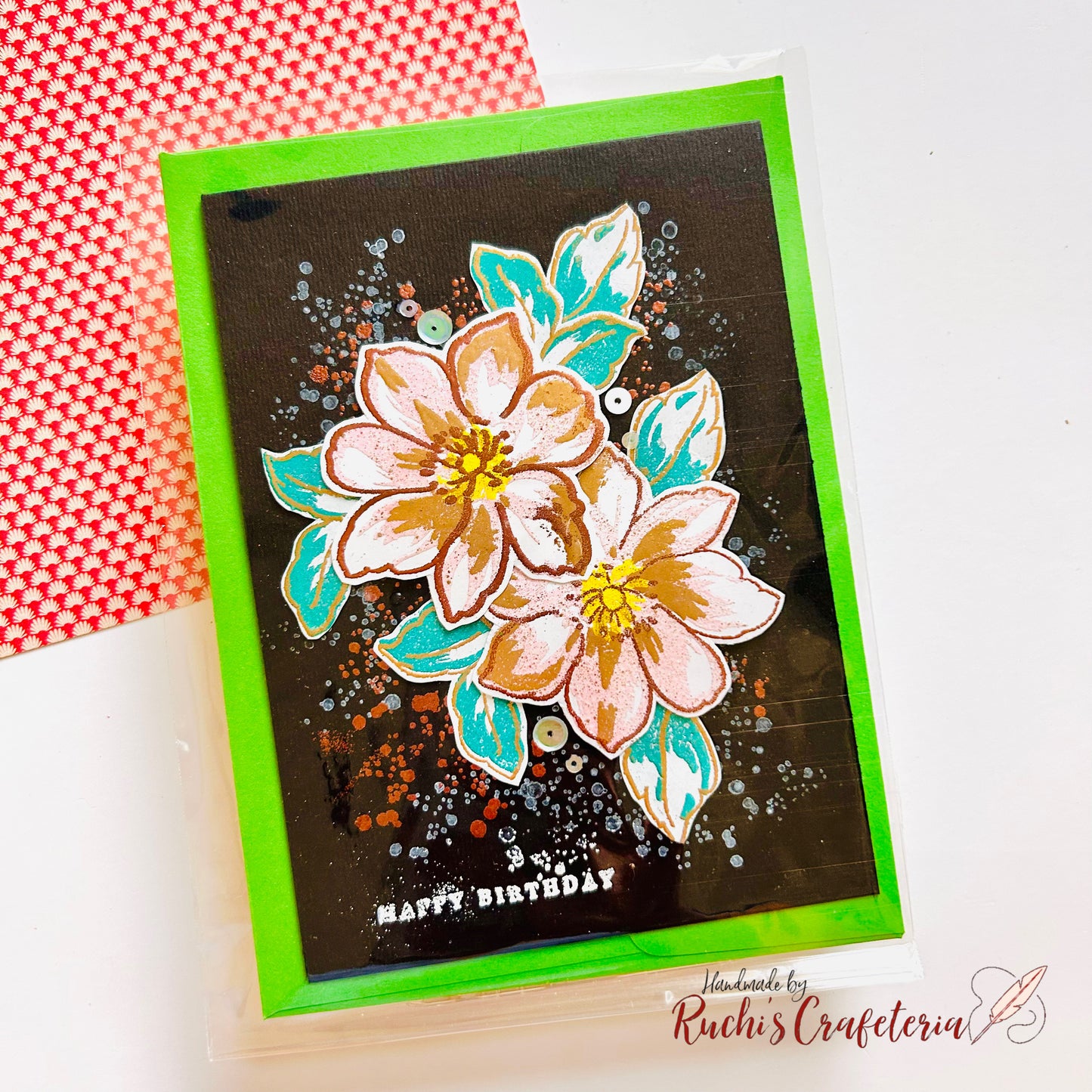 🖤 Handmade Belated Birthday Card – Bold Metallic Florals on Black Base