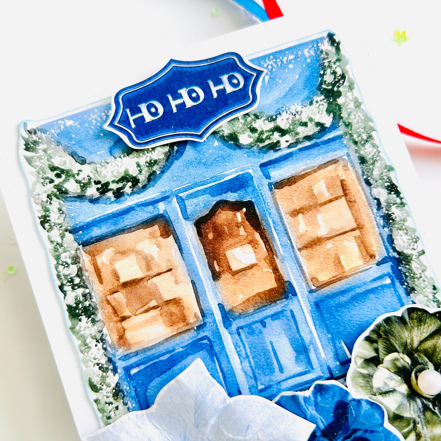 ๐ ๐ Blue House Holiday Cheer โ Handmade Christmas Card