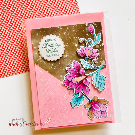 Handmade Birthday Card – Persian Motifs & Starry Elegance on Soft Pink 🌟🌸