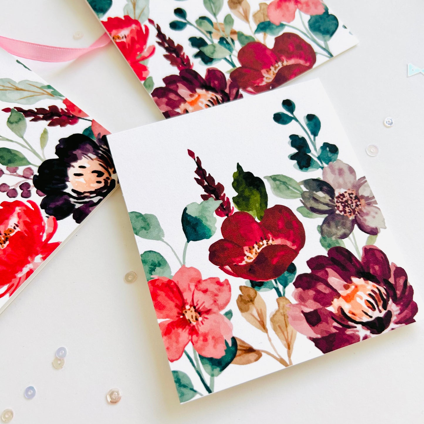 🌺 Maroon Bloom Note Cards – Set of 3