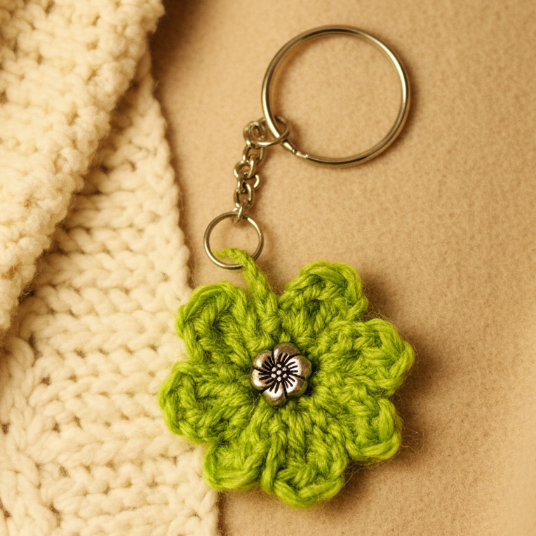 Crochet Green Flower Keychain 🍀