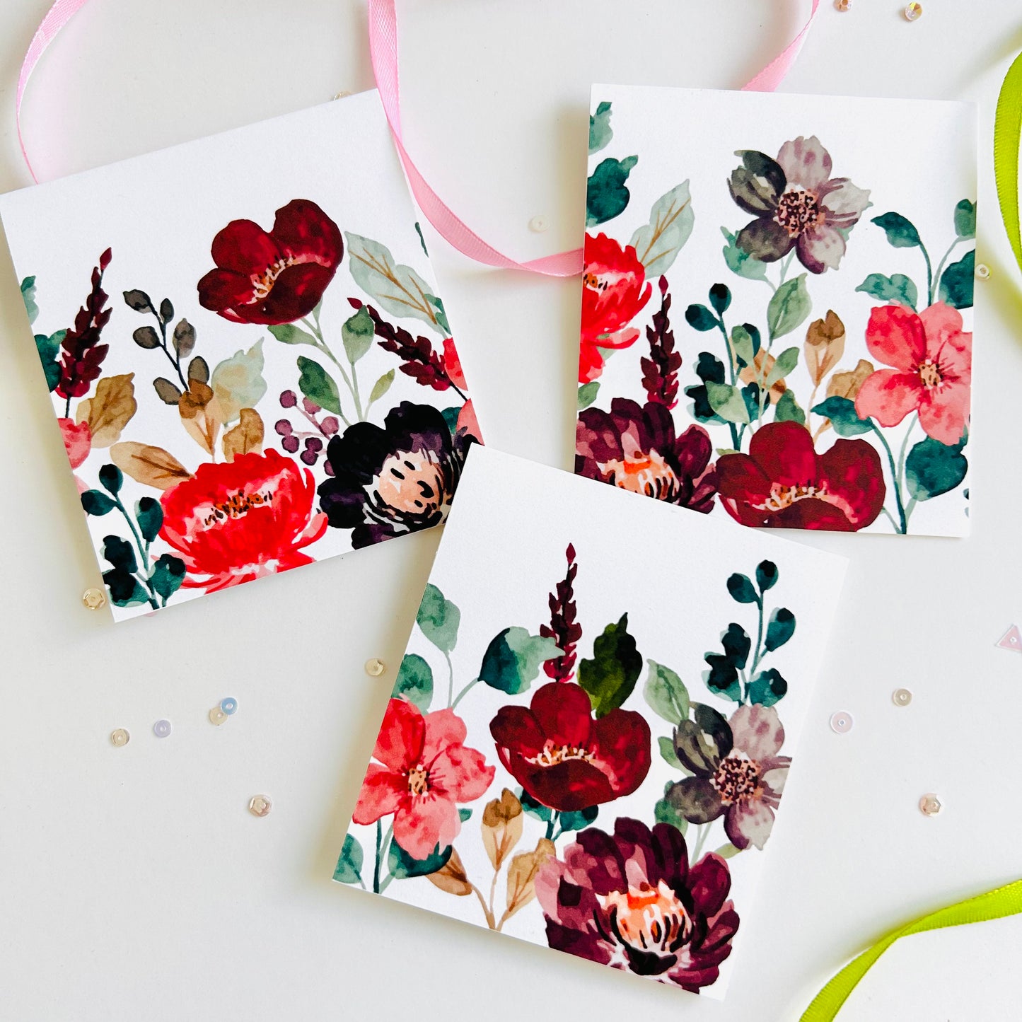 🌺 Maroon Bloom Note Cards – Set of 3