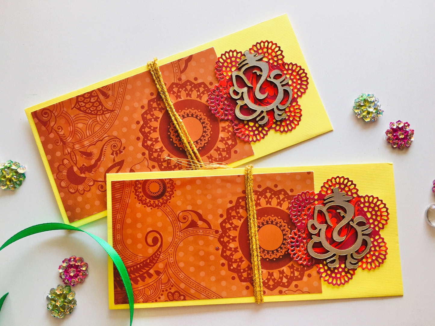 Festive Shagun Envelopes – Traditional Prints with Wooden Ganesha ✨💌 - Set of 2