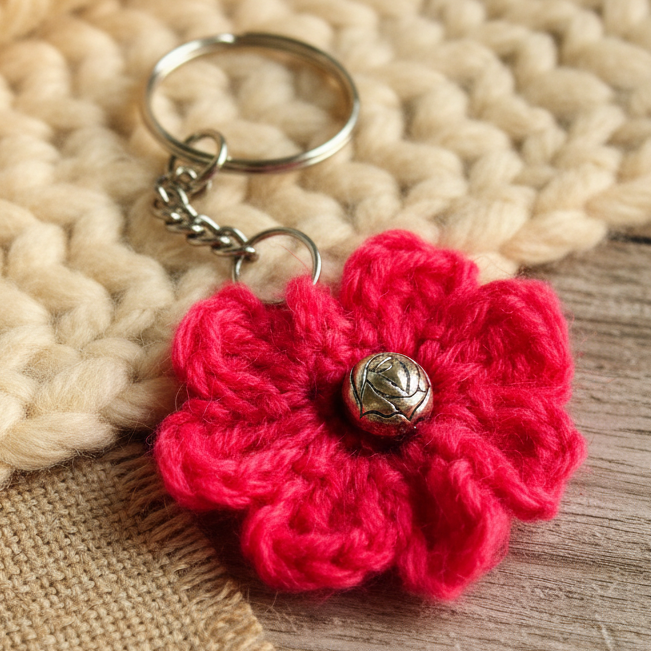Crochet Pink Flower Keychain 🌸