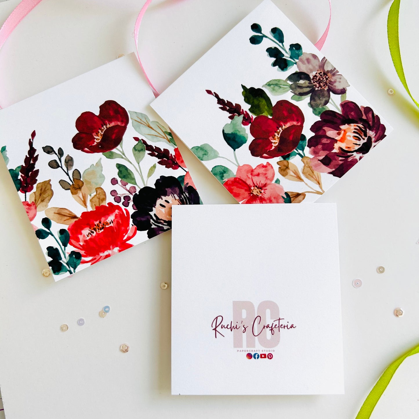 🌺 Maroon Bloom Note Cards – Set of 3