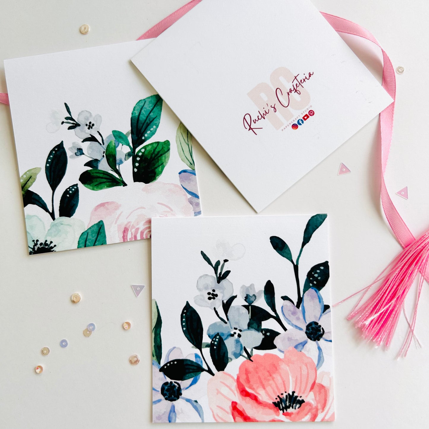 🌸 Blue & Peach Garden Note Cards – Set of 3