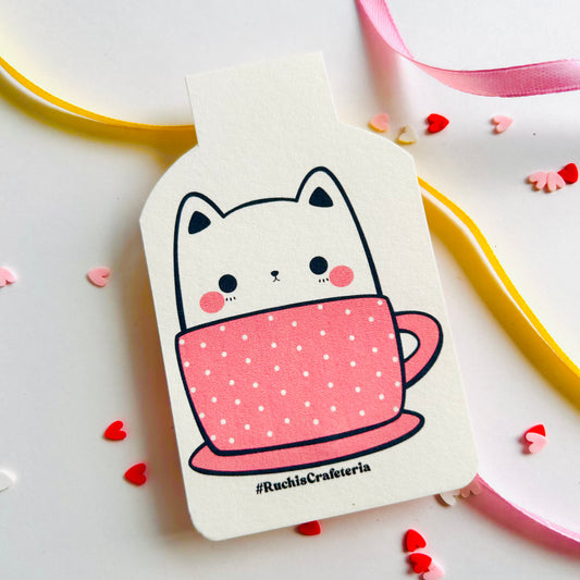 🐱☕️ Magnetic Bookmark – 'Cattuccino' in the Pink Mug
