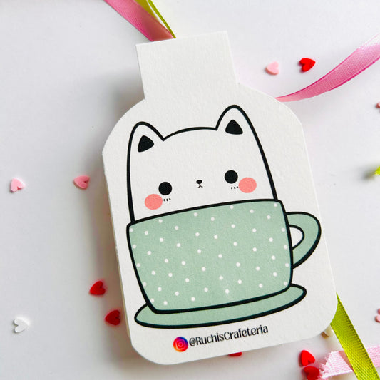 🐱🍵 Magnetic Bookmark – 'Green Tea' in the Tan Mug