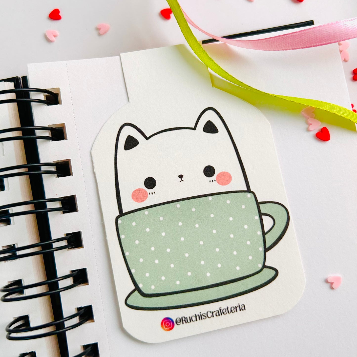 🐱🍵 Magnetic Bookmark – 'Green Tea' in the Tan Mug