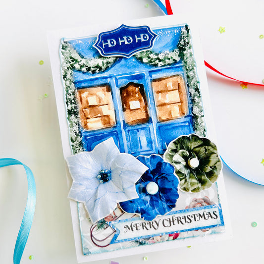 🏠🎄 Blue House Holiday Cheer – Handmade Christmas Card