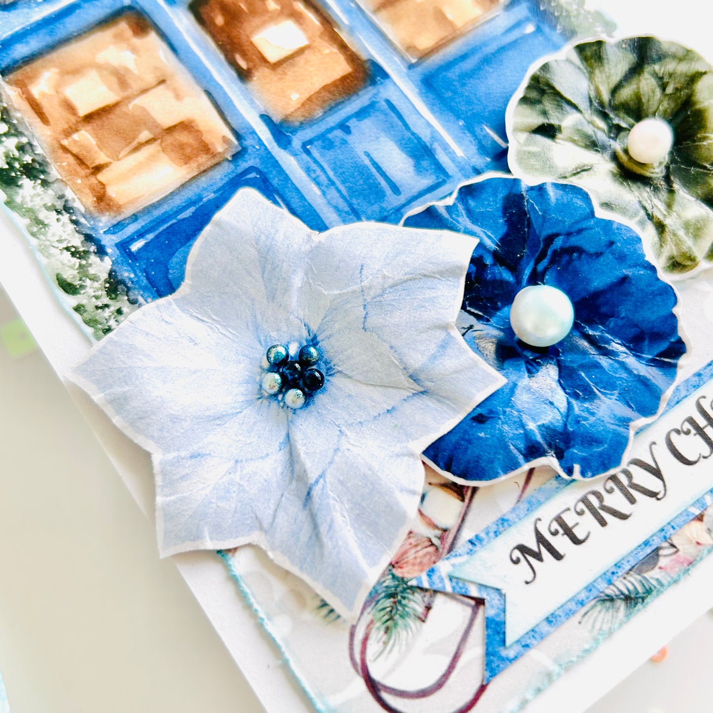 🏠🎄 Blue House Holiday Cheer – Handmade Christmas Card