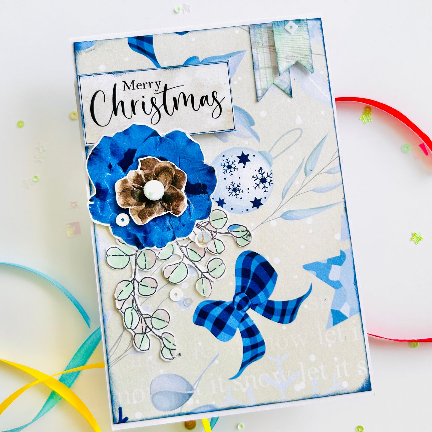 💙🎄 Frosted Florals – Handmade Christmas Card