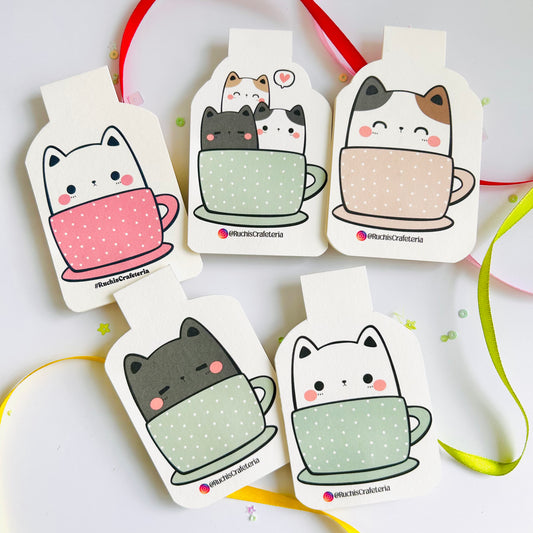 🐱☕ Mug Cats – Set of 5 Magnetic Bookmarks