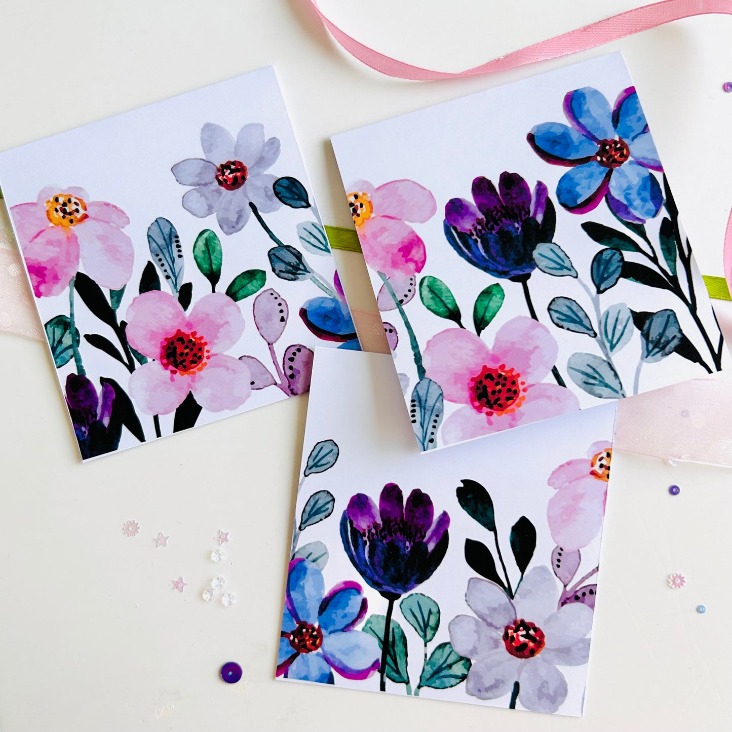 💜🌸 Purple Petals Note Cards - Set of 3
