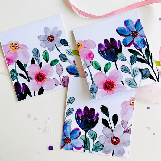 💜🌸 Purple Petals Note Cards - Set of 3
