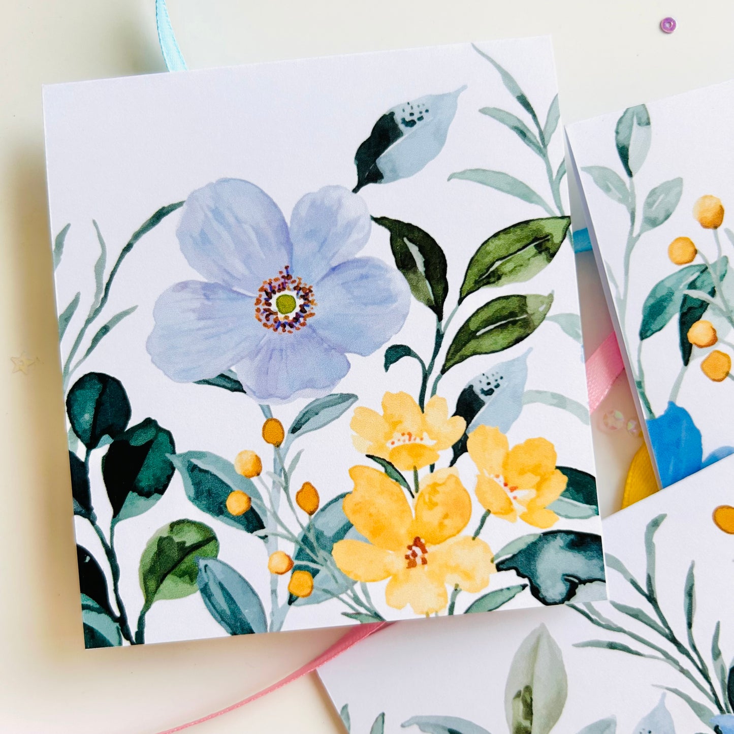 🌼🦋 Lemon Sky Blooms Note Cards - Set of 3
